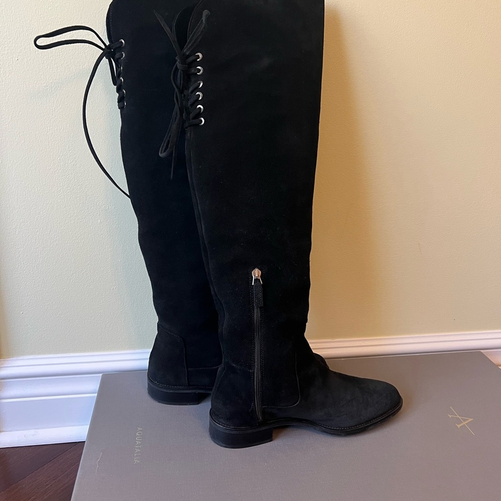 Aquatalia Black Over-the-Knee Suede Lace-Back Boots